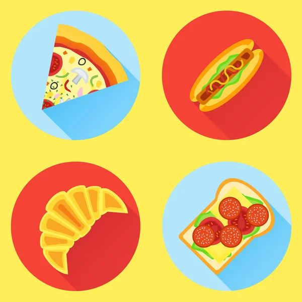Ensemble d'icônes plat fast food. Pizza, hot dog, croissant et sandwich — Image vectorielle