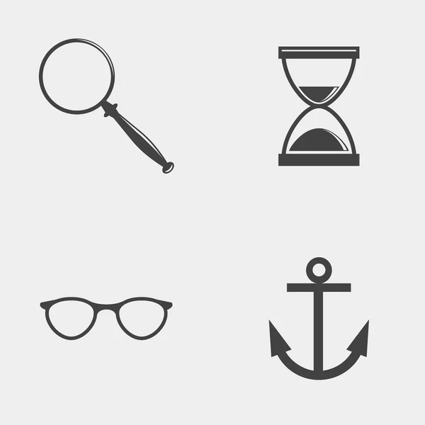 Set de iconos monocromáticos. Lupa, reloj de arena, ancla, vasos . — Vector de stock