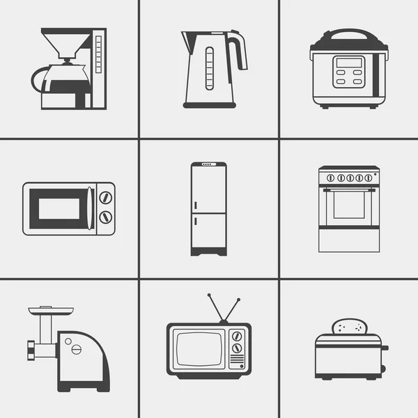 Set van huishoudelijke apparaten iconen. Koffie-/ theevoorzieningen, waterkoker, multicooker, magnetron, koelkast, fornuis, vleesmolen, televisie, broodrooster. — Stockvector