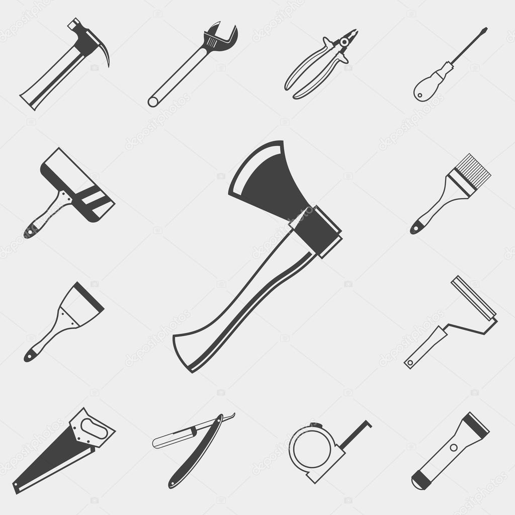 Set of construction tools monochrome icons. Hammer, spanner, screwdriver, pliers, axe, saw, brush, roller, spatula, razor, tape measure, flashlight.