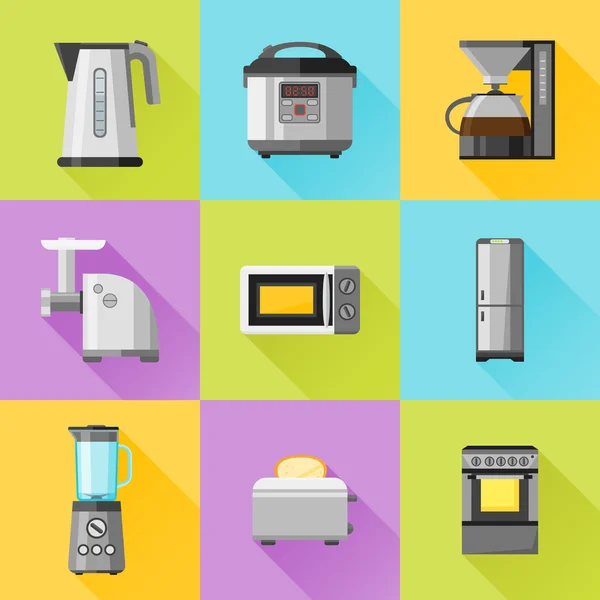 Set of household appliances flat icons. Coffee maker, kettle, multicooker, microwave oven, refrigerator, stove, meat grinder, blender, toaster — Stock Vector