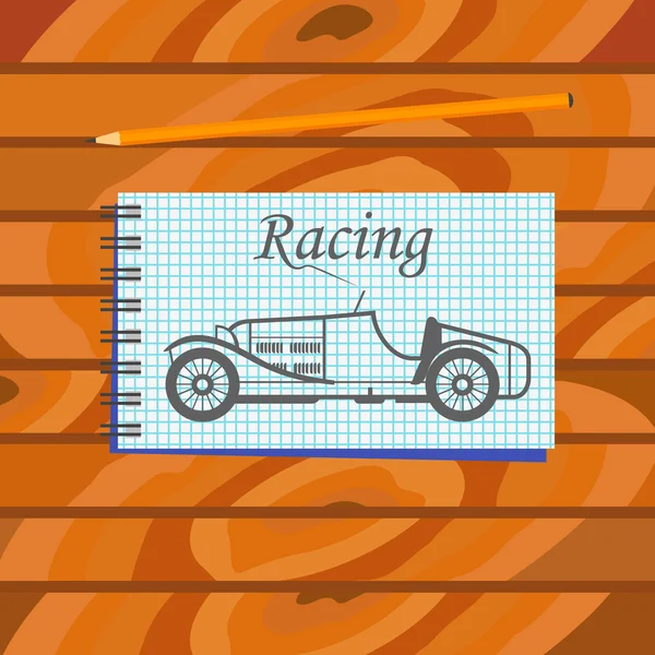 Dibujo gráfico del coche de carreras en un cuaderno — Vector de stock