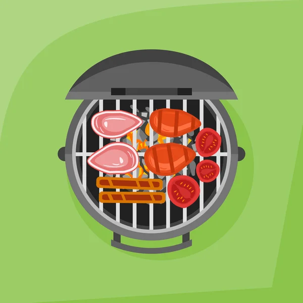 Grill és sült steak, kolbász és paradicsom. Felülnézet. Vektoros illusztráció. — Stock Vector