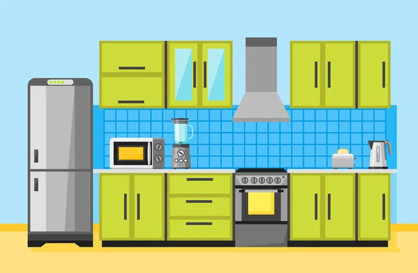 Keuken interieur met meubels en apparaten. Platte vectorillustratie. — Stockvector