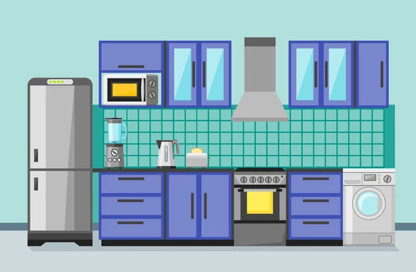 Cocina interior con electrodomésticos y muebles. Estilo plano . — Vector de stock