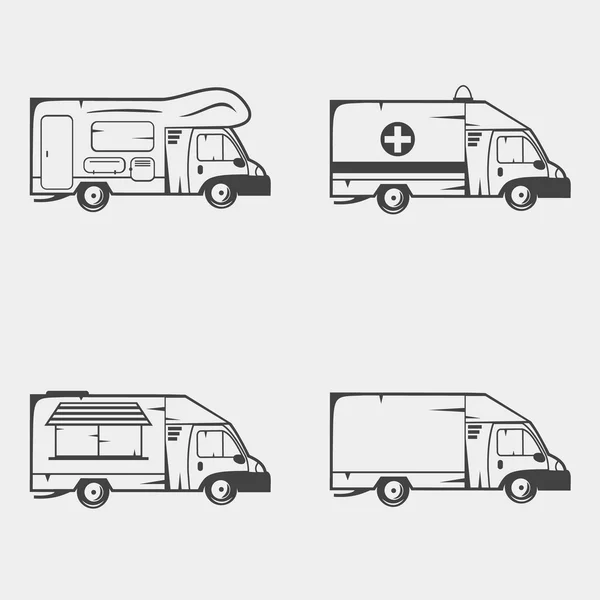 Set di icone monocromatiche di trasporto. Camper, ambulanza, food truck e cargo truck . — Vettoriale Stock