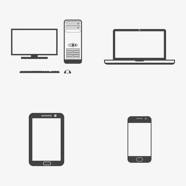 Σύνολο των ηλεκτρονικών συσκευών μονόχρωμες εικόνες. Επιτραπέζιο υπολογιστή, φορητό υπολογιστή, tablet pc και smartphone. — Διανυσματικό Αρχείο