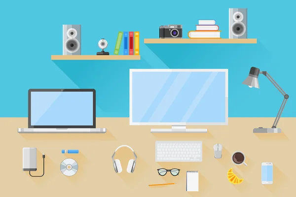 Espacio de trabajo moderno, escritorio con dispositivos electrónicos, elementos, objetos y equipos. Ilustración de vector de estilo plano . — Vector de stock