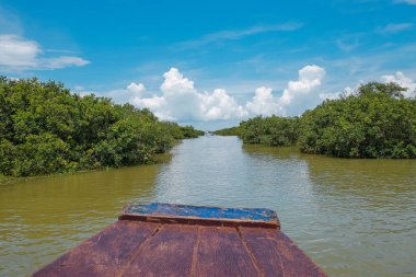 Kamboçya 'nın yüzen köyüne ulaşmak için tropikal nehirde tekne gezisi