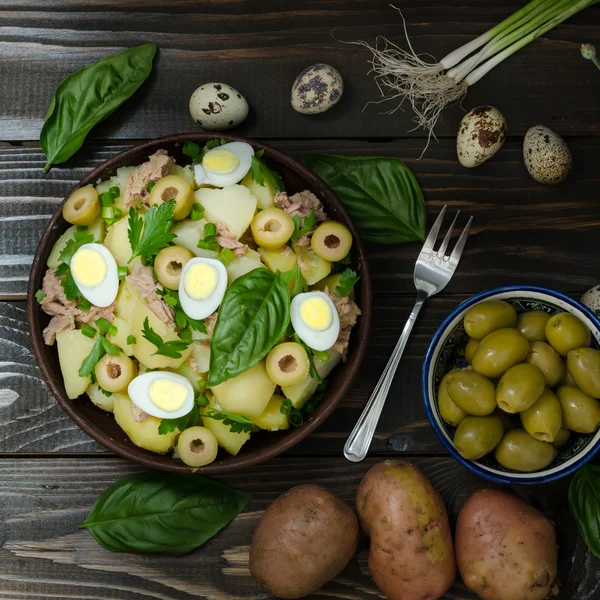 Čerstvý španělský bramborový salát s tuňákem, Zátiší — Stock fotografie