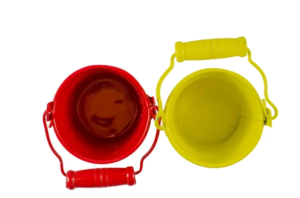 Two buckets red and yellow from above isolated on white — Stock Photo, Image