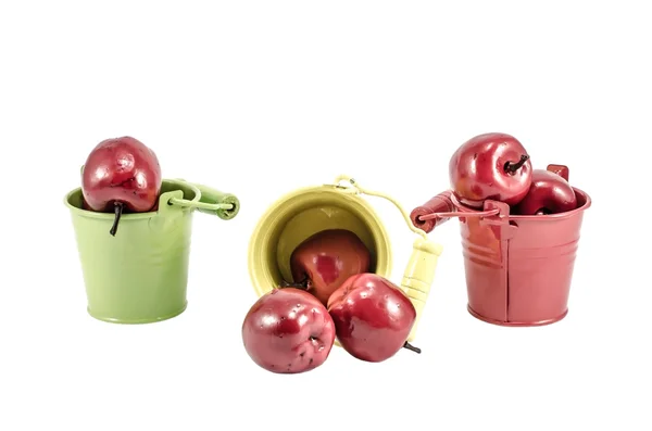 Three buckets with red apples isolated over white — Stock Photo, Image