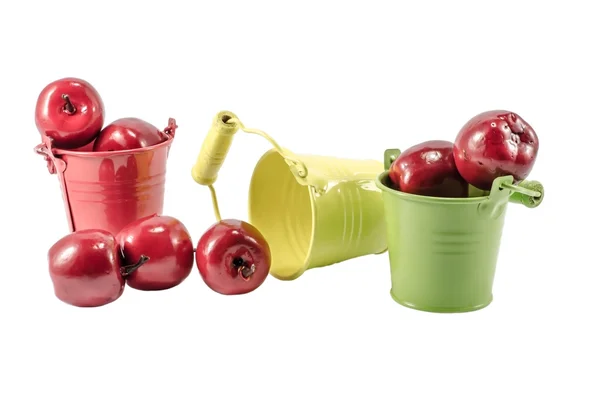 Three buckets with red apples isolated over white — Stock Photo, Image