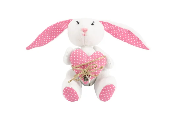 Lapin blanc avec coeur isolé sur blanc — Photo