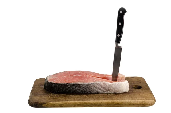 Filete de salmón en tabla de cortar aislado en blanco — Foto de Stock