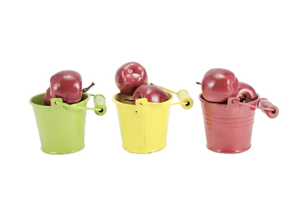 Three buckets with red apples isolated over white — Stock Photo, Image