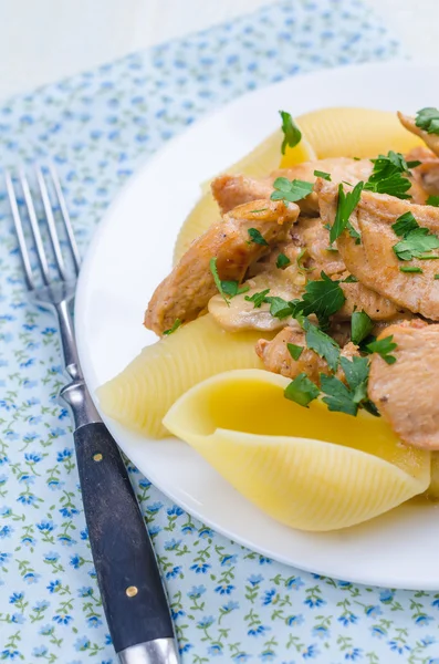 Chicken Stroganoff with mushrooms and  noodles — Stock Photo, Image