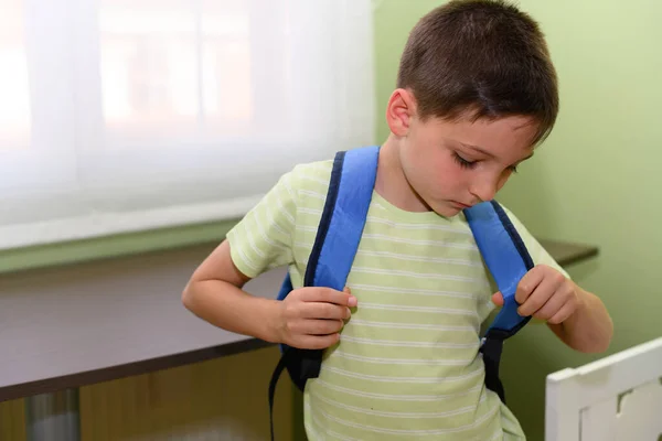 Boy Putting His Backpack His Room Home — Stockfoto