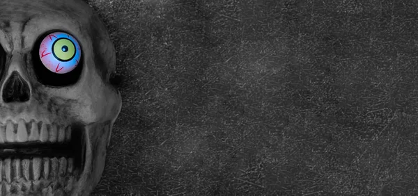 Панорама Человеческого Черепа Жутким Глазом Черно Белый Панорамный Копировальным Пространством — стоковое фото