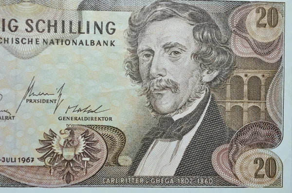 Carl Ritter Ingeniero ferroviario de Ghega en billetes austriacos de 20 chelines —  Fotos de Stock