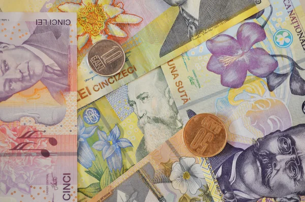 Lei banconote e monete sfondo valuta rumena — Foto Stock