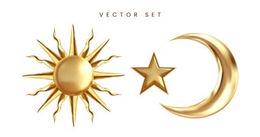 Gerçekçi altın güneş, hilal ay ve yıldız vektörü belirlendi.