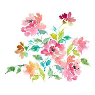 Çiçek buketi çizimi. Suluboya çiçekler ve yapraklar