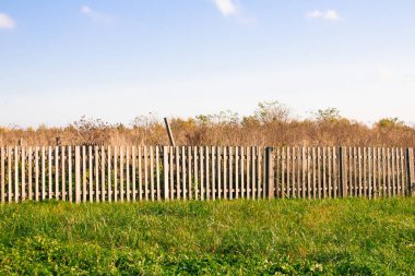 Kırsal alan ahşap çit mavi gökyüzü bulutlar açık bir günde ve parlak yeşil çimenler