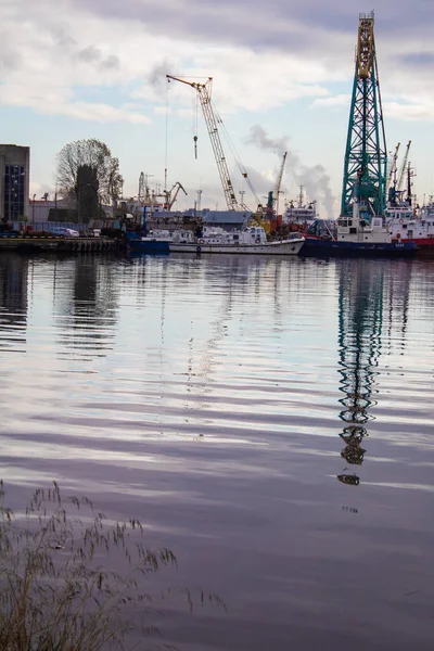 Kranen Schepen Voor Kust Een Vrachthaven Vroeg Ochtend South Bye — Stockfoto