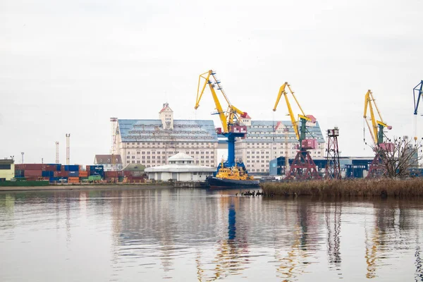 Yellow cranes, buildings and containers in the cargo port in bright daylight