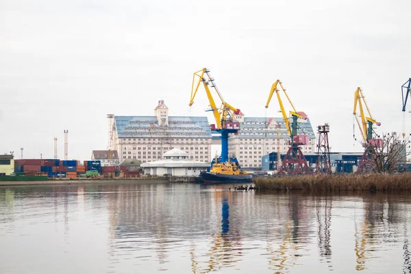 Yellow cranes and buildings in the port