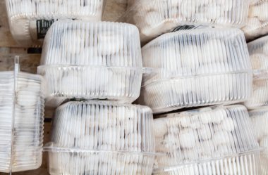 Tahta bir kutuda plastik kaplarda mantar beyaz mantarlar