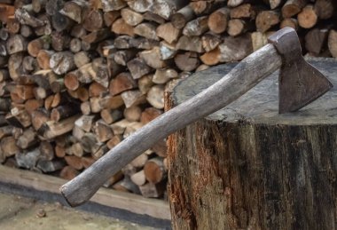 Balta, katlanmış odunların arka planında büyük bir kütüğe sıkışmış.