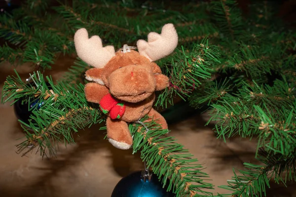 A soft toy moose sits on a branch of an artificial Christmas tree next to blue Christmas trees — Stock Photo, Image