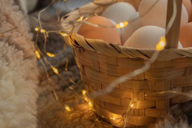 Kürk arka planında yuvarlak bir sepet içinde beyaz ve kahverengi tavuk yumurtaları.