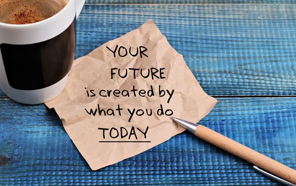 Inspiration motivation quotation your future is created by what you do today and cup of coffee — Stock Photo, Image