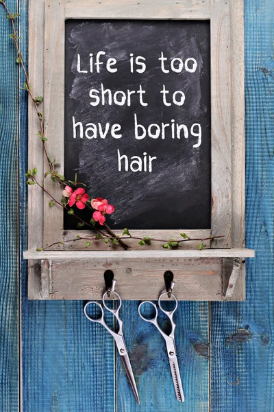 Život je příliš krátký, aby nudné vlasy. Stříhání vlasů a řídnutí nůžky na vinobraní pozadí. Kadeřnický salon koncept. Účes příslušenství, plochá ležel — Stock fotografie