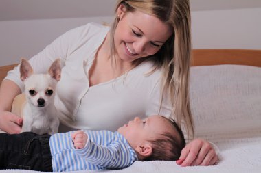 Mutlu gülümseyen Anne ve 3 aylık erkek bebek ve köpek evde zevk