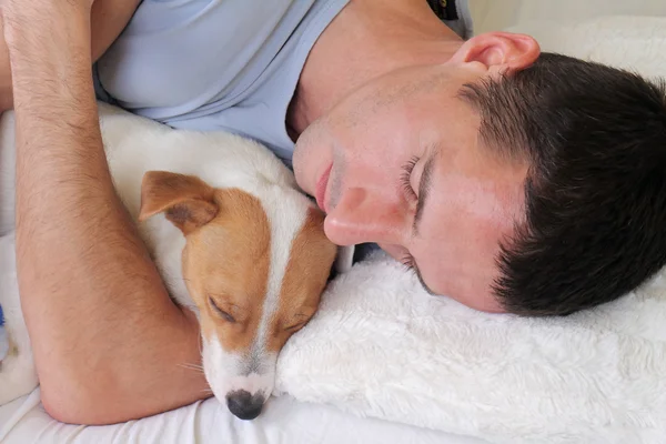 Perro durmiente y dueño. Hombre y perro durmiendo juntos — Foto de Stock