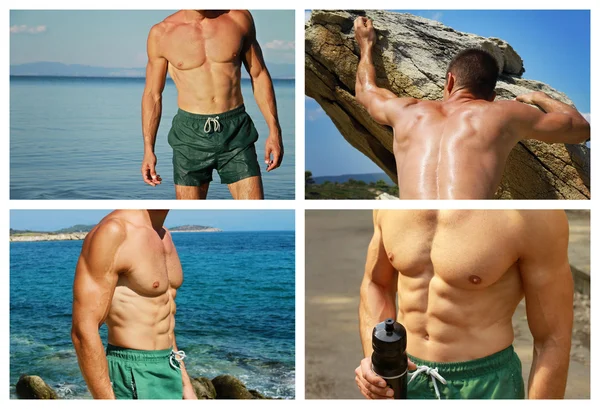 Collage set of pictures of Strong muscular man on the beach. Close up on stomach and chest, six pack , abs. Active summer vacation — Stock Photo, Image