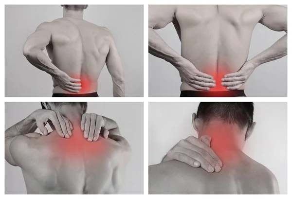 Conjunto de collage que muestra dolor de espalda y cuello. Concepto de alivio del dolor — Foto de Stock