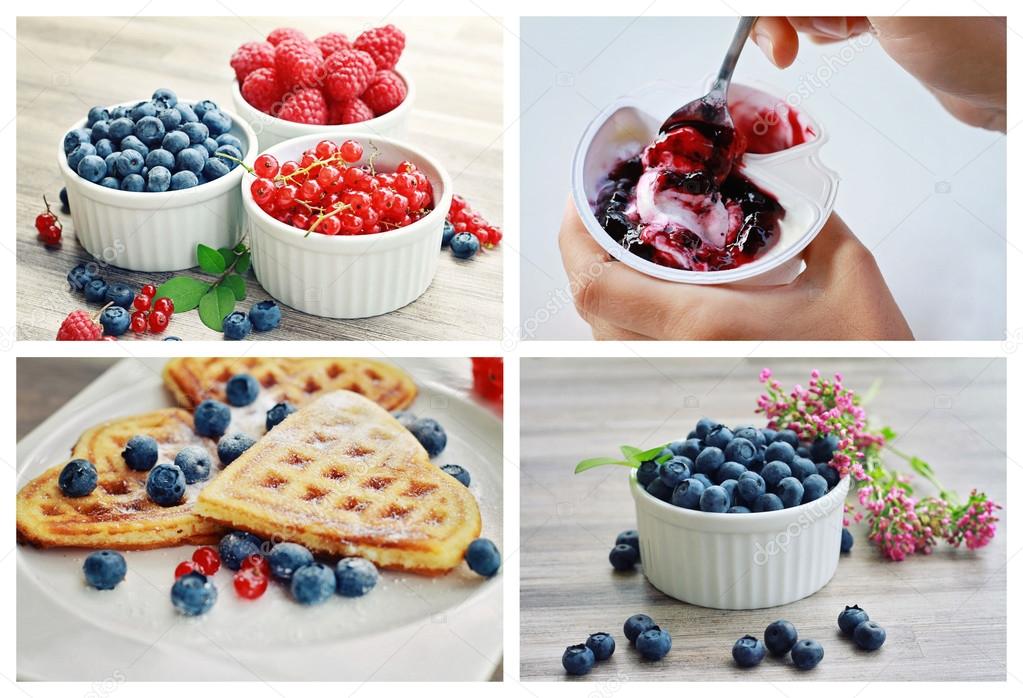 Fresh berries blueberry, raspberry and red currant. Blueberry yogurt