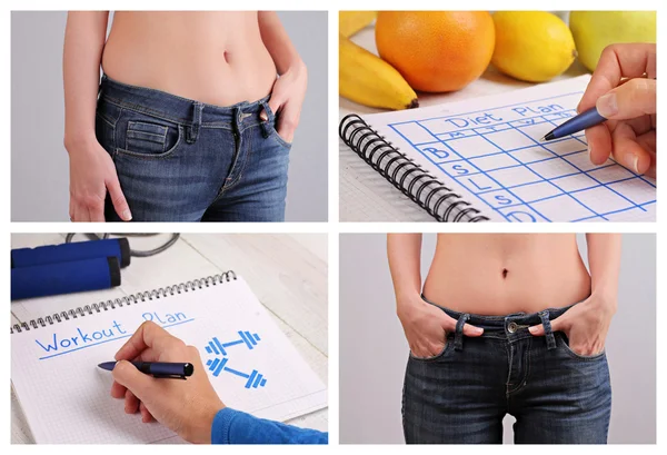 Weight loss results, dieting concept Collage.  Sport, Fitness, Motivation, Weight loss before and after, nutrition and workout plan — Stock Photo, Image
