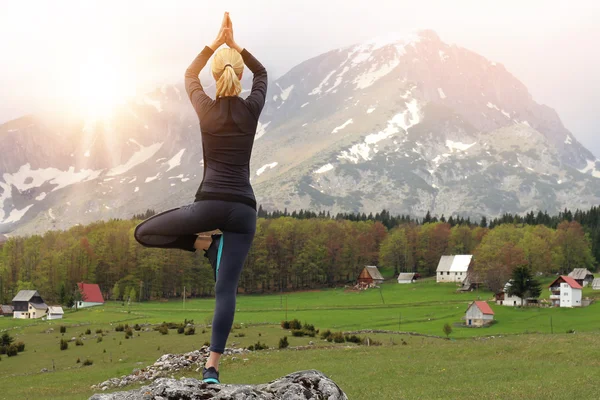 Femme de yoga faisant pose d'arbre. Exercice de méditation et d'équilibre dans la belle nature paysage montagnard — Photo