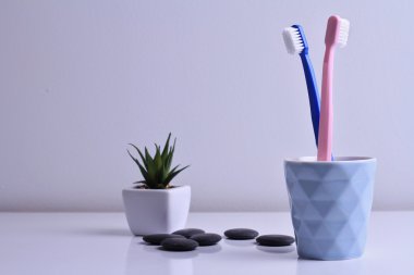 Ağız hijyeni. Erkek ve kadın diş fırçaları. Aşk, ilişki, uyum, aile kavramı.