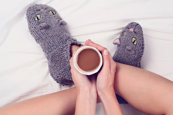 Woman wearing cozy warm wool socks close up. Warmth concept. Winter clothes. — Stock Photo, Image