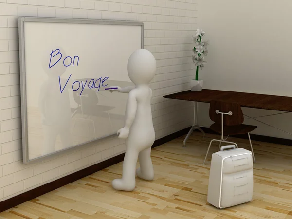 3D abstraktní lidské, bílý muž psaní Bon Voyage na tabuli — Stock fotografie
