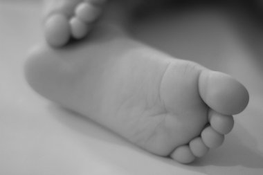 Child, baby feet. Black and white image