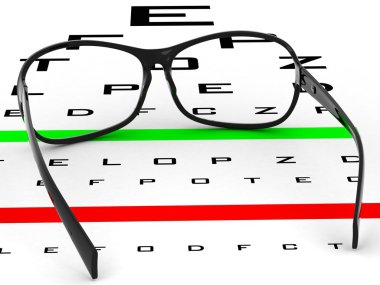 Near vision test card with glasses illustration. Eye examination tests, ophthalmologist (medical doctor) concept.