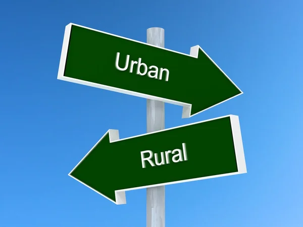 Signo urbano vs rural. Concepto de elección urbana o rural — Foto de Stock